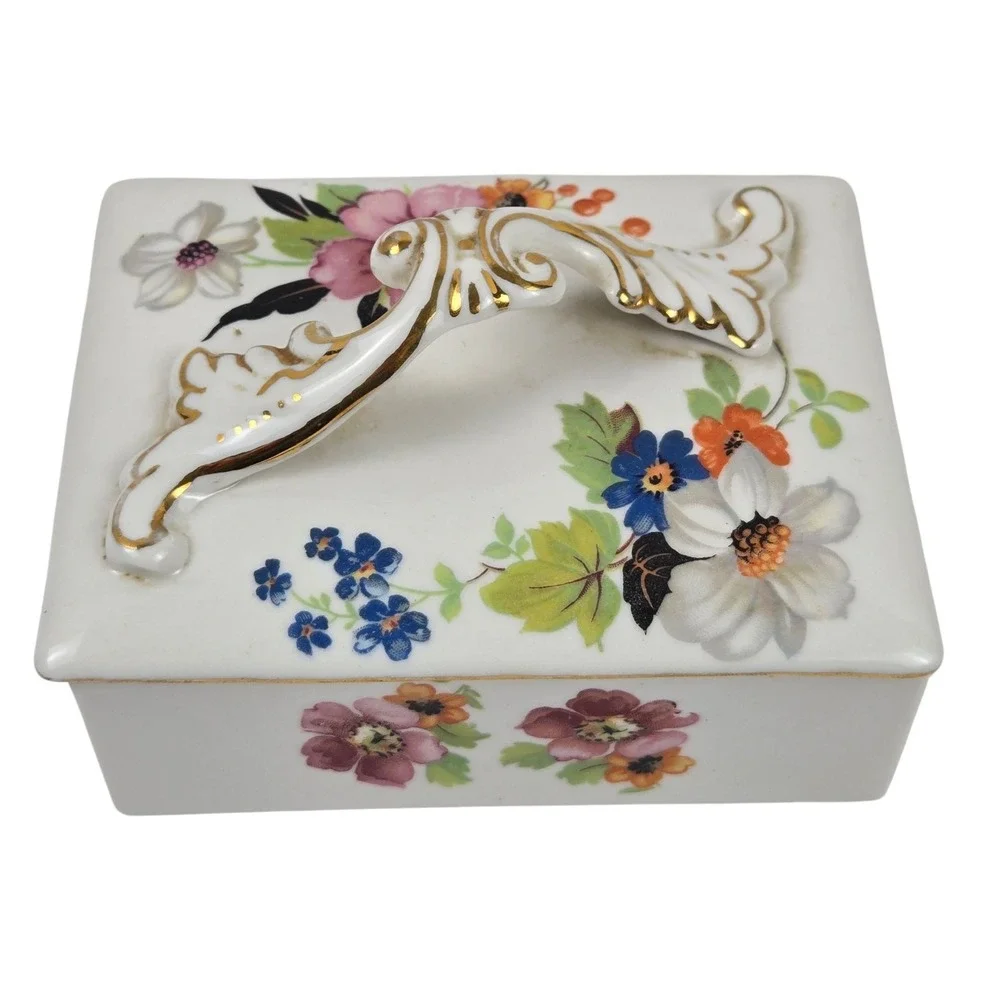 Vintage Porcelain Floral Trinket Box Hand Painted w Ornate Handle 4.75x3.5